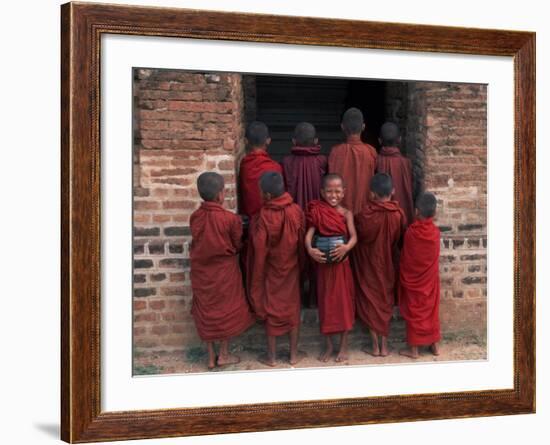 Young Monks in Red Robes with Alms Woks, Myanmar-Keren Su-Framed Photographic Print