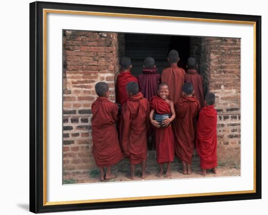 Young Monks in Red Robes with Alms Woks, Myanmar-Keren Su-Framed Photographic Print