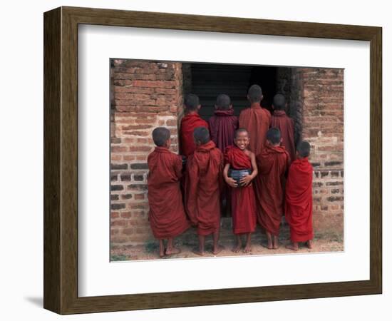 Young Monks in Red Robes with Alms Woks, Myanmar-Keren Su-Framed Photographic Print