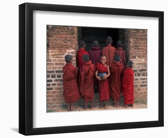 Young Monks in Red Robes with Alms Woks, Myanmar-Keren Su-Framed Photographic Print