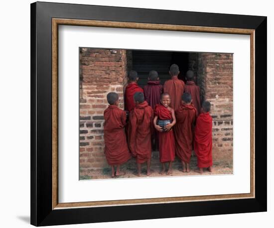 Young Monks in Red Robes with Alms Woks, Myanmar-Keren Su-Framed Photographic Print