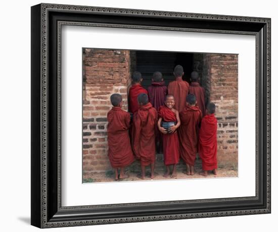 Young Monks in Red Robes with Alms Woks, Myanmar-Keren Su-Framed Photographic Print