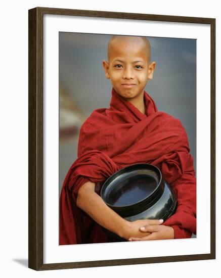 Young Myanmar Buddhist Monk Smiles Broadly as He Waits for Donations Early on a Yangon Street-null-Framed Photographic Print