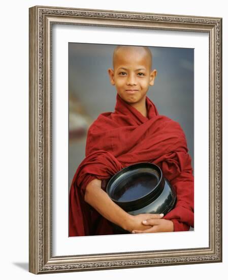 Young Myanmar Buddhist Monk Smiles Broadly as He Waits for Donations Early on a Yangon Street-null-Framed Photographic Print