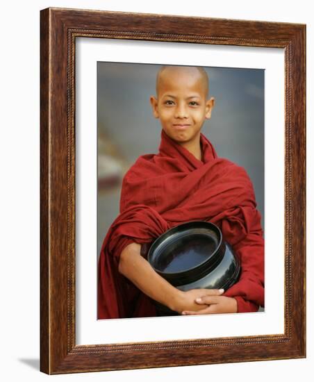 Young Myanmar Buddhist Monk Smiles Broadly as He Waits for Donations Early on a Yangon Street-null-Framed Photographic Print