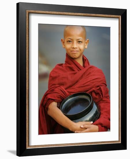 Young Myanmar Buddhist Monk Smiles Broadly as He Waits for Donations Early on a Yangon Street-null-Framed Photographic Print