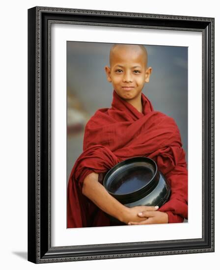 Young Myanmar Buddhist Monk Smiles Broadly as He Waits for Donations Early on a Yangon Street-null-Framed Photographic Print