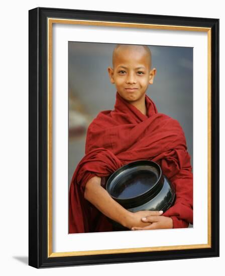 Young Myanmar Buddhist Monk Smiles Broadly as He Waits for Donations Early on a Yangon Street-null-Framed Photographic Print