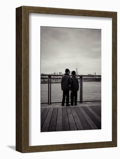 Young orthodox Jews, boys in front of New York Skyline, Williamsburg, Brooklyn, New York, USA-Andrea Lang-Framed Photographic Print