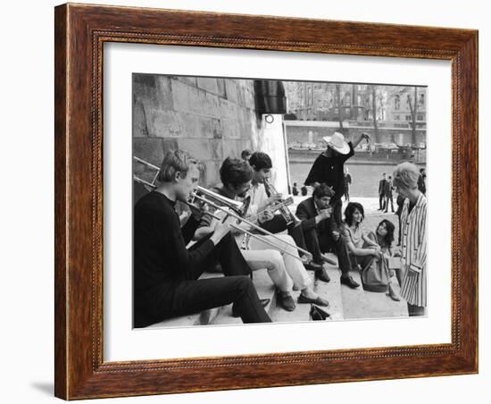 Young Parisian Musicians Enjoying an Impromptu Outdoor Concert on the Banks of the Seine River-Alfred Eisenstaedt-Framed Photographic Print