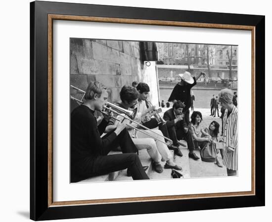 Young Parisian Musicians Enjoying an Impromptu Outdoor Concert on the Banks of the Seine River-Alfred Eisenstaedt-Framed Photographic Print