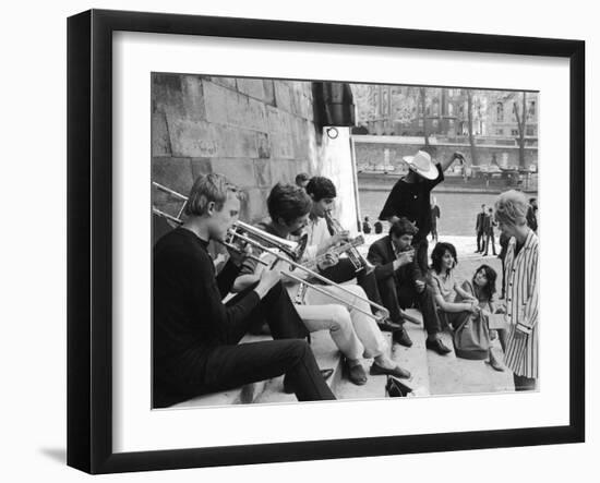 Young Parisian Musicians Enjoying an Impromptu Outdoor Concert on the Banks of the Seine River-Alfred Eisenstaedt-Framed Photographic Print