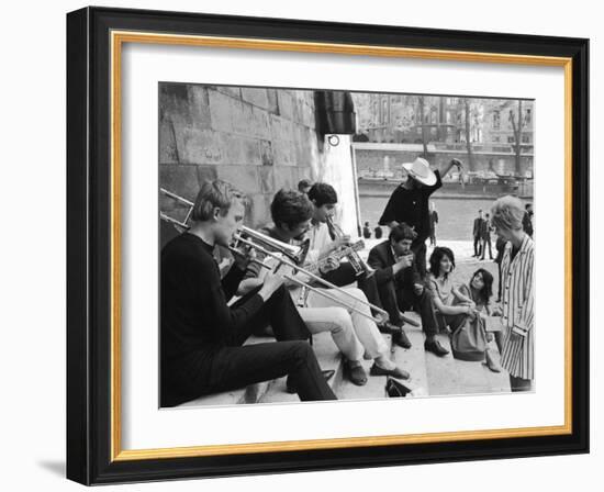 Young Parisian Musicians Enjoying an Impromptu Outdoor Concert on the Banks of the Seine River-Alfred Eisenstaedt-Framed Photographic Print