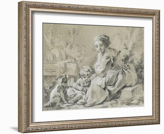 Young Peasant Woman Sitting with a Child and a Dog-null-Framed Giclee Print