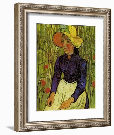 Young Peasant Woman with Straw Hat Sitting in the Wheat-Vincent van Gogh-Framed Art Print