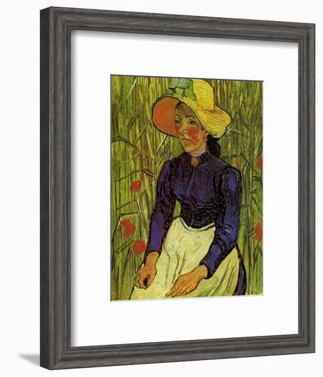 Young Peasant Woman with Straw Hat Sitting in the Wheat-Vincent van Gogh-Framed Art Print