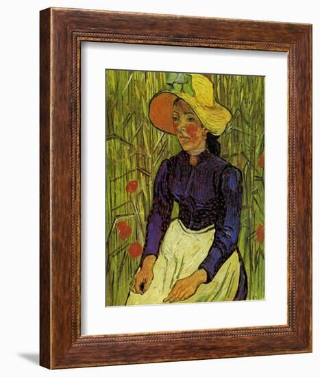 Young Peasant Woman with Straw Hat Sitting in the Wheat-Vincent van Gogh-Framed Art Print
