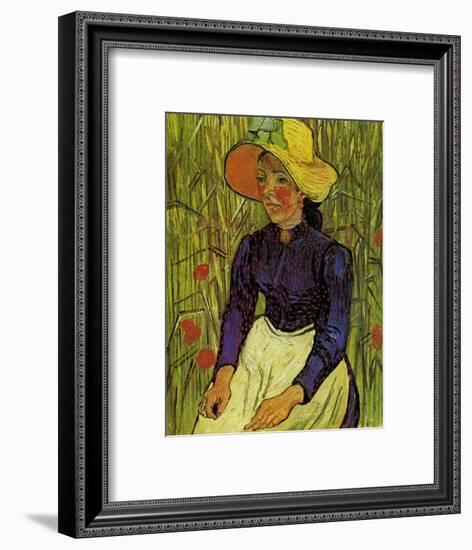 Young Peasant Woman with Straw Hat Sitting in the Wheat-Vincent van Gogh-Framed Art Print