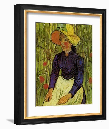 Young Peasant Woman with Straw Hat Sitting in the Wheat-Vincent van Gogh-Framed Art Print