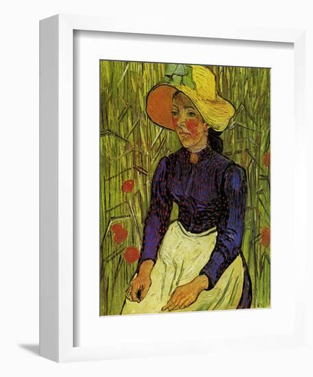 Young Peasant Woman with Straw Hat Sitting in the Wheat-Vincent van Gogh-Framed Art Print