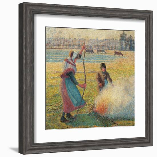 Young Peasants Feeding a Fire-Camille Pissarro-Framed Art Print