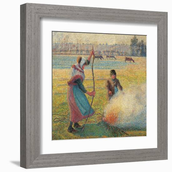 Young Peasants Feeding a Fire-Camille Pissarro-Framed Art Print
