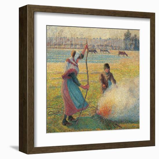 Young Peasants Feeding a Fire-Camille Pissarro-Framed Art Print