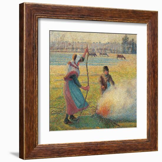 Young Peasants Feeding a Fire-Camille Pissarro-Framed Art Print