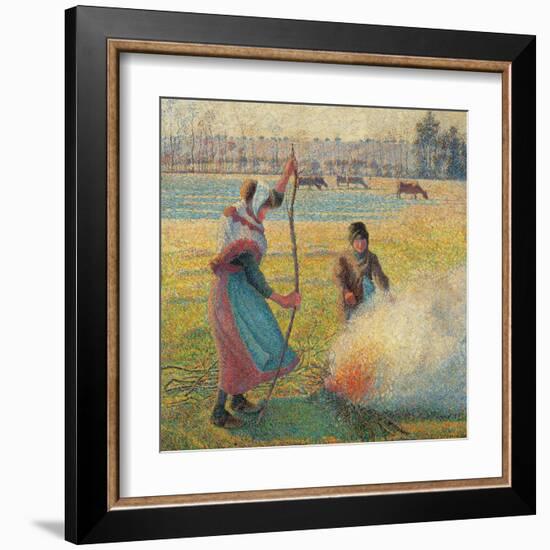 Young Peasants Feeding a Fire-Camille Pissarro-Framed Art Print