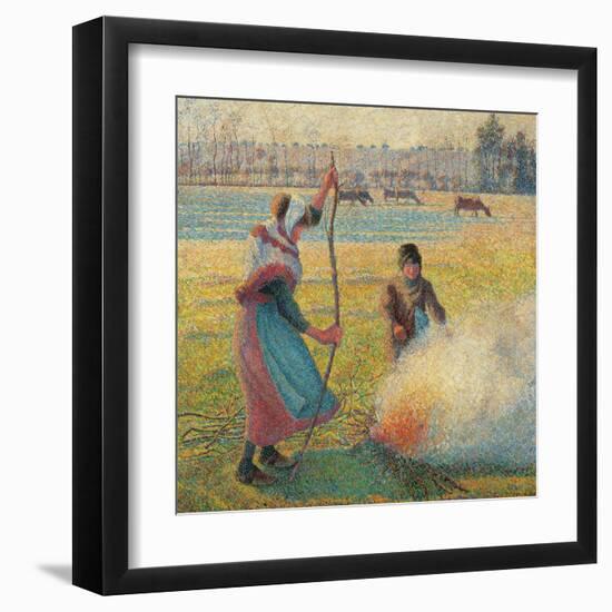 Young Peasants Feeding a Fire-Camille Pissarro-Framed Art Print