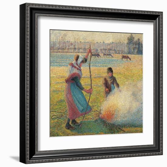 Young Peasants Feeding a Fire-Camille Pissarro-Framed Art Print