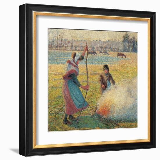 Young Peasants Feeding a Fire-Camille Pissarro-Framed Art Print