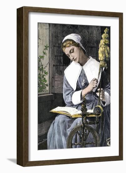 Young Puritan Woman Reading While Spinning at Her Wheel-null-Framed Giclee Print