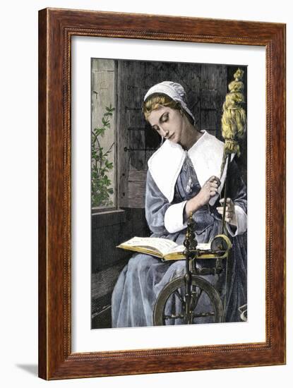 Young Puritan Woman Reading While Spinning at Her Wheel-null-Framed Giclee Print