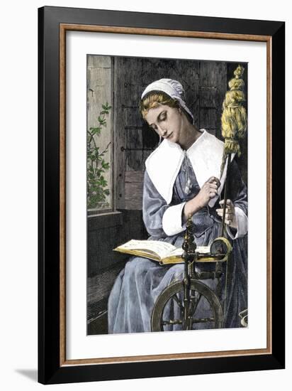 Young Puritan Woman Reading While Spinning at Her Wheel-null-Framed Giclee Print