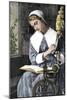 Young Puritan Woman Reading While Spinning at Her Wheel-null-Mounted Giclee Print