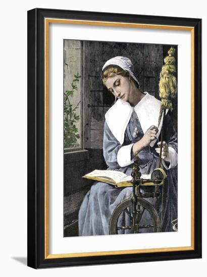 Young Puritan Woman Reading While Spinning at Her Wheel-null-Framed Giclee Print
