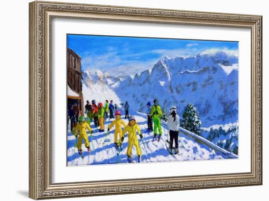 Young skiers in yellow,Val Gardena Italy.12x20"-Andrew Macara-Framed Giclee Print