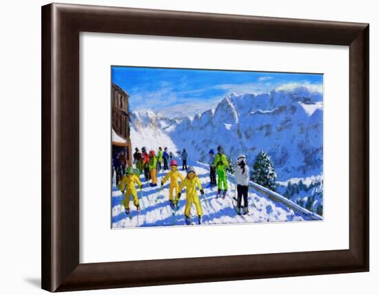 Young skiers in yellow,Val Gardena Italy.12x20"-Andrew Macara-Framed Giclee Print