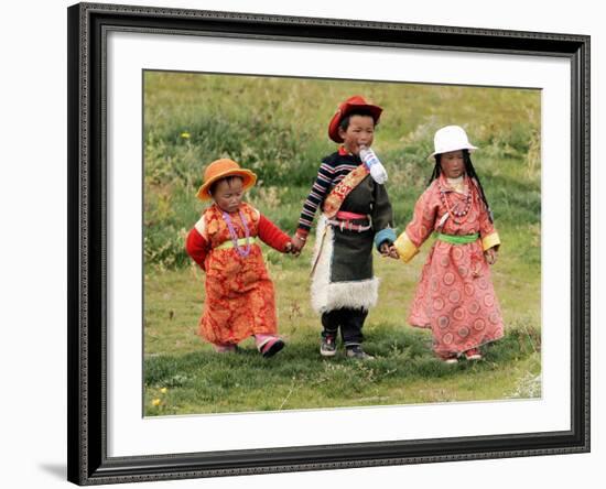 Young Tibetan Children Walk Hand in Hand Near Qinghai Lake-null-Framed Photographic Print