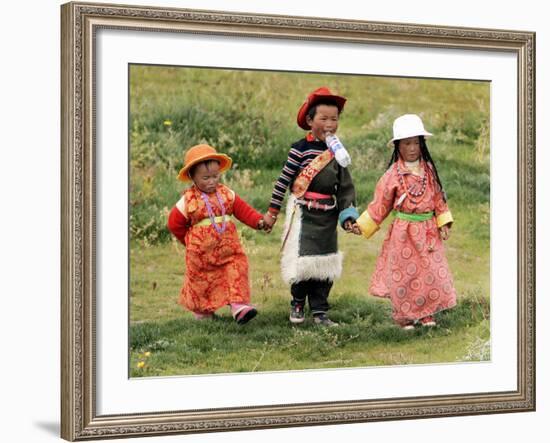 Young Tibetan Children Walk Hand in Hand Near Qinghai Lake-null-Framed Photographic Print