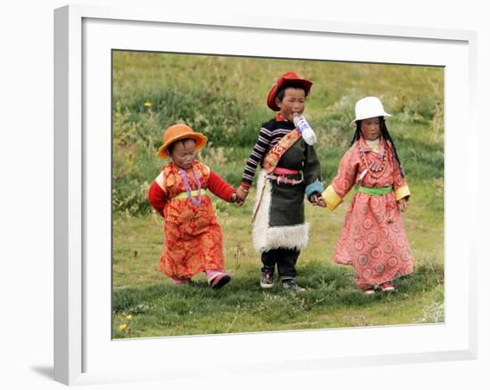 Young Tibetan Children Walk Hand in Hand Near Qinghai Lake-null-Framed Photographic Print