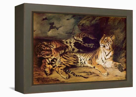 Young Tiger Playing with His Mother, 1830 (Oil on Canvas)-Ferdinand Victor Eugene Delacroix-Framed Premier Image Canvas