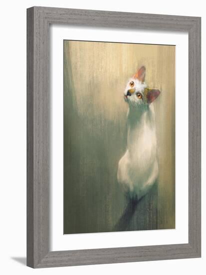 Young White Cat Looking Up,Digital Painting-Tithi Luadthong-Framed Art Print