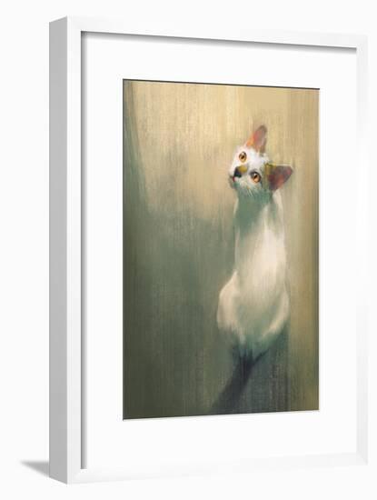 Young White Cat Looking Up,Digital Painting-Tithi Luadthong-Framed Art Print