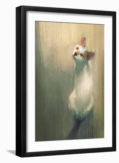 Young White Cat Looking Up,Digital Painting-Tithi Luadthong-Framed Art Print