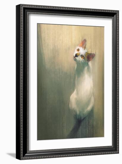 Young White Cat Looking Up,Digital Painting-Tithi Luadthong-Framed Art Print