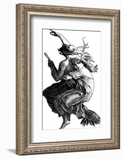 Young Witch Gets a Lift on the Broom of Her Older Companion as They Leave for the Sabbat-null-Framed Photographic Print