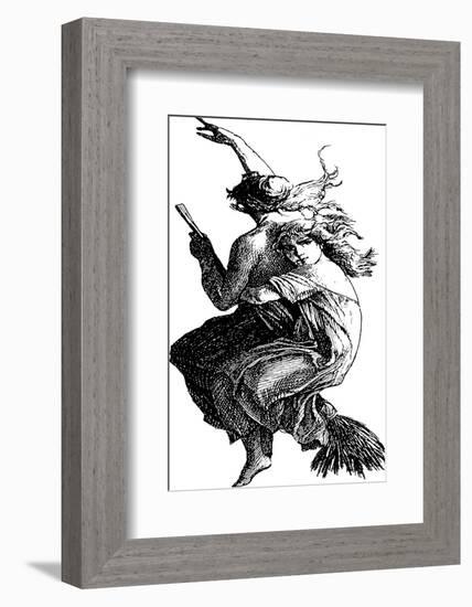 Young Witch Gets a Lift on the Broom of Her Older Companion as They Leave for the Sabbat-null-Framed Photographic Print