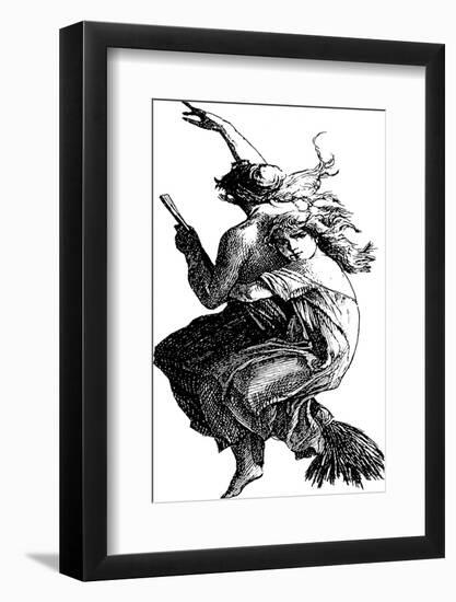 Young Witch Gets a Lift on the Broom of Her Older Companion as They Leave for the Sabbat-null-Framed Photographic Print